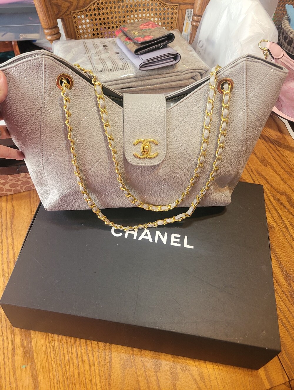 Chanel Light Gray Quilted Tote with Gold Chain-Strap